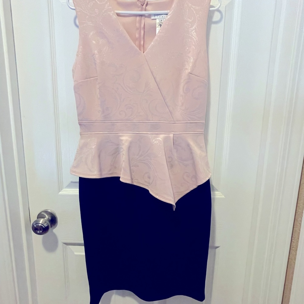 EnFocus Studio, NWT Womens Dress, Sz 8. Blush/Navy w/brocade pattern on top.